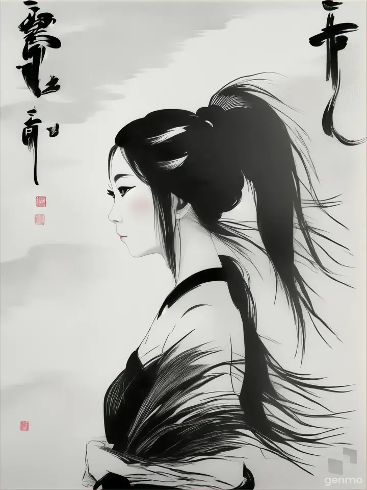 简笔画美女背影轮廓，中国水墨画