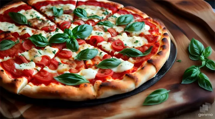Fresh Margherita pizza with basil on wooden paddle in front of a wood-fired oven 16:9