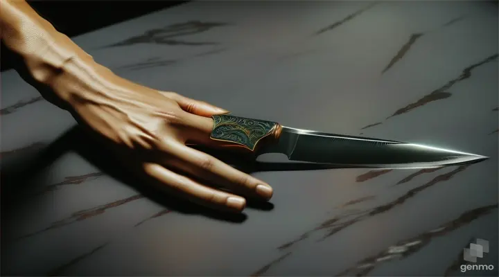 woman's hand pointing knife at skin, realistic