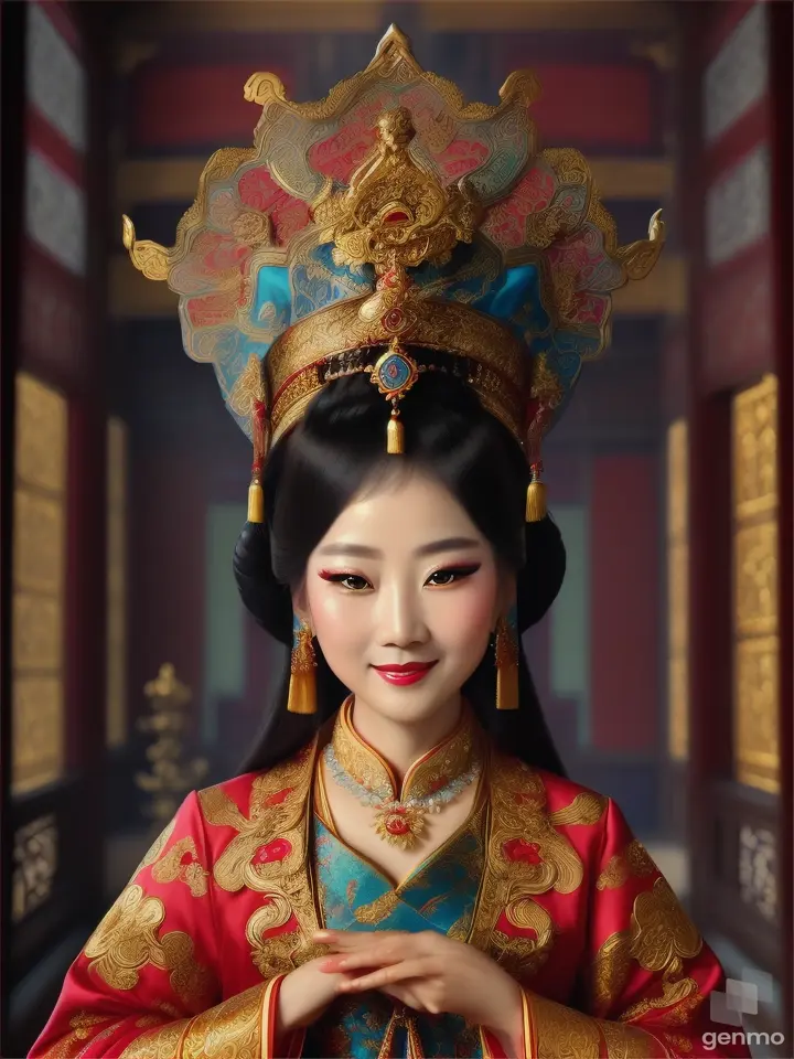 The image shows a character with a blurred face. Surrounded by the environment of the Chinese Dynasty Hall, the character is a beautiful female neck, sleeve, makeover, kimono, fashion design, beauty, jewellery, event, shimada, tradition dressed in a costume and headdressemperor, smiling happily. The head of the person in the picture was covered. There is a crown-like ornament on the head that looks luxuriously decorated. It had a luxuriously decorated appearance, with long flowing hair, large blue eyes, a slight smile, and wearing exquisite gold jewelry. horizontal image