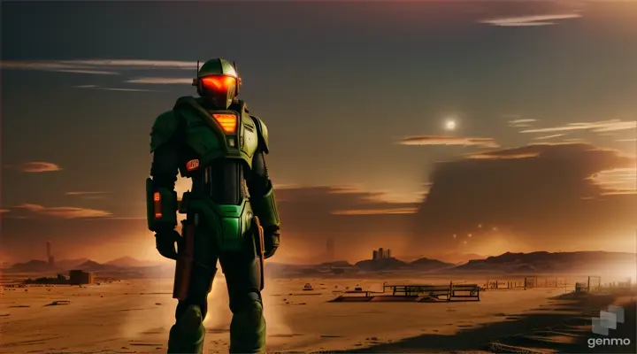 Desert apocalyptic landscape:
Huge destroyed buildings covered with sand and dust.
Rusty cars and scraps of metal around.
Red edges of the sunset or dark clouds in the sky.
Combat Muscle Warrior:
A massive cybernetic dark green suit with metal parts and weapons.
Symbols and signs glow with bright colors or cyberpunk elements.
Against the backdrop of a cityscape and destroyed buildings shrouded in dust. Steam punk style