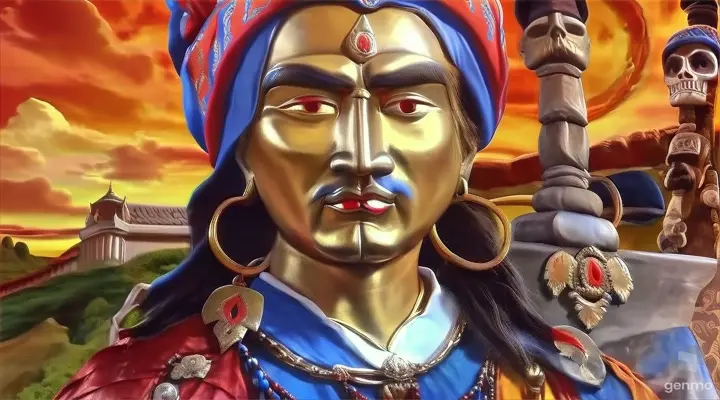 a painting of a person with a sword, in a tibetan painting style, talking to the camera 