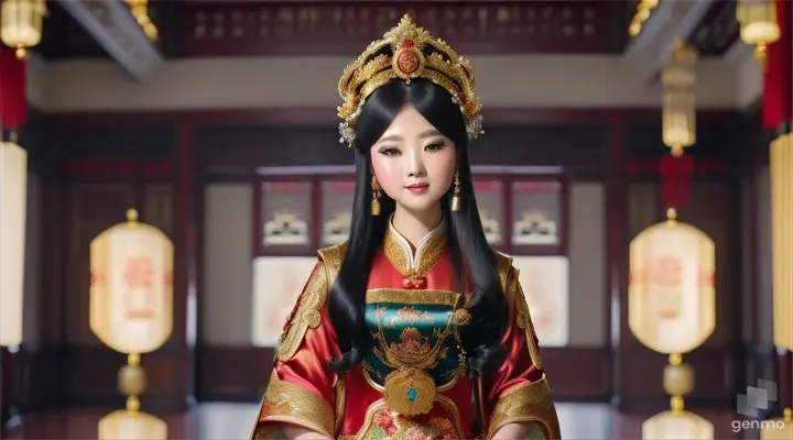 The image shows a character with a blurred face. Surrounded by the environment of the Chinese Dynasty Hall, the character is a beautiful female neck, sleeve, makeover, kimono, fashion design, beauty, jewellery, event, shimada, tradition dressed in a costume and headdressemperor, smiling happily. The head of the person in the picture was covered. There is a crown-like ornament on the head that looks luxuriously decorated. It had a luxuriously decorated appearance, with long flowing hair, large blue eyes, a slight smile, and wearing exquisite gold jewelry. horizontal image