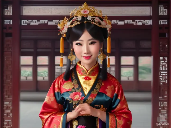 The image shows a character with a blurred face. Surrounded by the environment of the Chinese Dynasty Hall, the character is a beautiful female neck, sleeve, makeover, kimono, fashion design, beauty, jewellery, event, shimada, tradition dressed in a costume and headdressemperor, smiling happily. The head of the person in the picture was covered. There is a crown-like ornament on the head that looks luxuriously decorated. It had a luxuriously decorated appearance, with long flowing hair, large blue eyes, a slight smile, and wearing exquisite gold jewelry. horizontal image