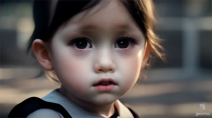 5 year old girl, white, black hair, scared, realistic