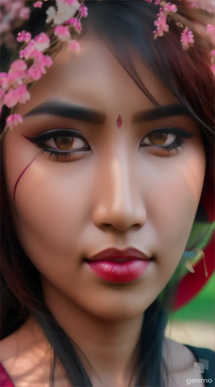 Beautiful woman facial close-up, Nepali stylish woman, intricate artificial on face,Weeping Cherry Tree (Prunus pendula),bangs curl hairstyle, extreme close-up zoomed, high-angle shot, shallow depth of field, micro shot, cinematic, dramatic, ultra high resolution 8k detailed”
