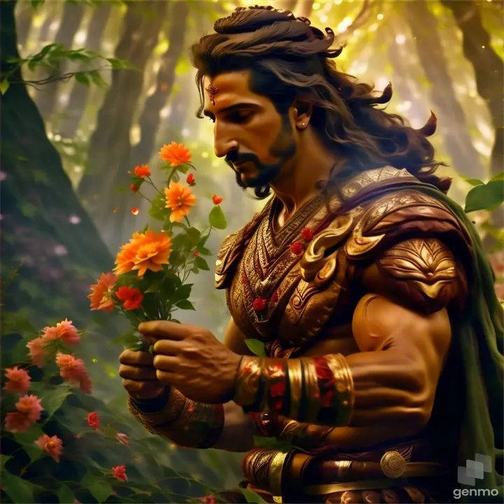 a man in a costume holding flowers in a forest, make the image real , moving 