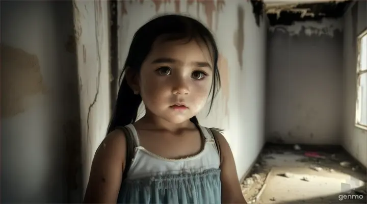 5 year old girl, white, black hair, she is scared, she is inside an abandoned house, realistic