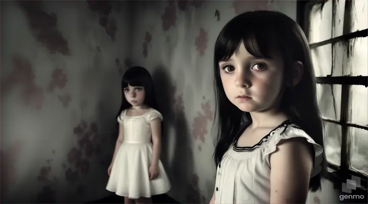 8 year old girl, white, black hair, she is very scared, she is inside an abandoned house, realistic 