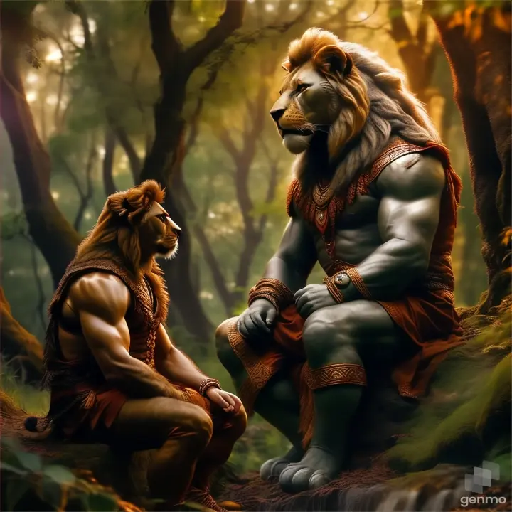 a man sitting next to a lion in a forest, make the scene real moving 