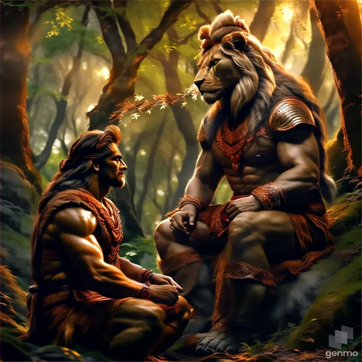 a man sitting next to a lion in a forest, make the scene real moving 