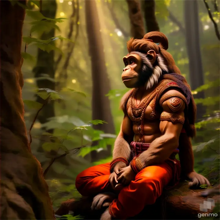 a man dressed as a monkey sitting in the woods, make the scene moving 