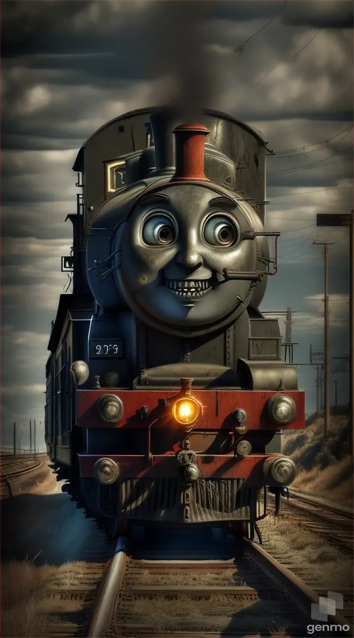 ((THOMAS THE TRAIN)), with spider legs, sharp teeth, with ((HORNS ON HEAD))++, old, rustic, dusty