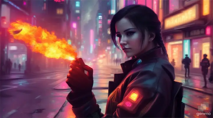 a cyberpunk woman holding a flare in a street protest, photorealistic
