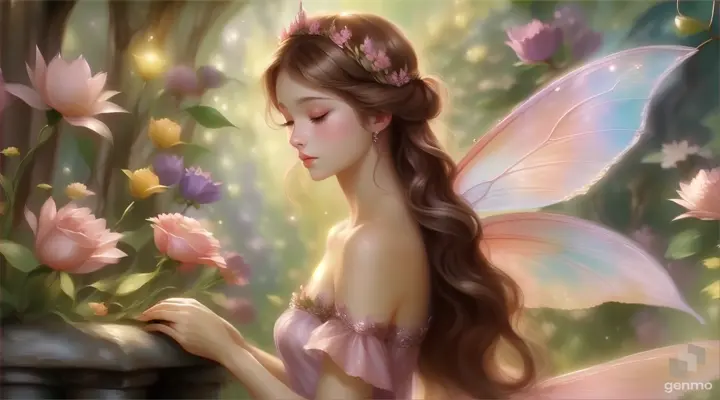 a painting of a fairy touching flowers with love