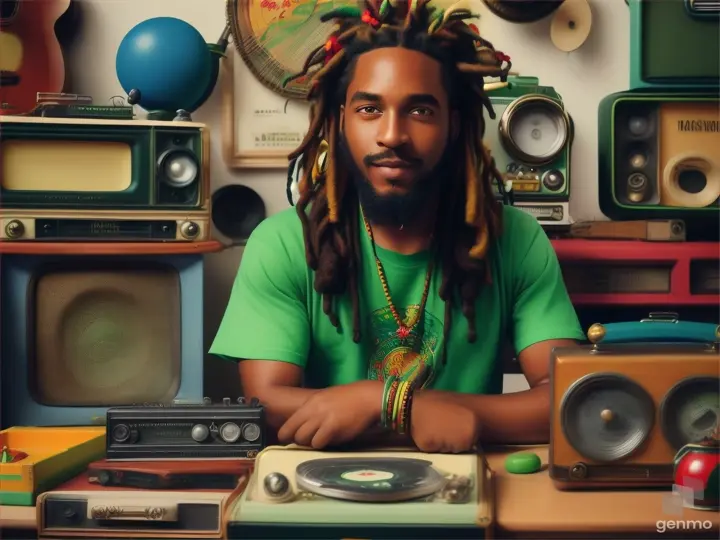 A creyón con colores vibrantes un rastafari un tipo caricatura con una camiseta verde, oyendo una radio antigua vintage en un habitación llena de tratos de todo tipo apilados el dial de la radio cambiando mientras salen notas musicales de él 