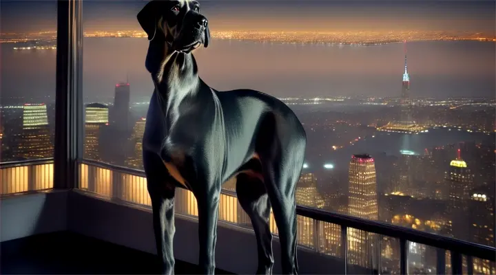 DOGUE ALEMÃO   ADMIRING THE LIGHTS OF NEW YORK CITY FROM THE TOP OF THE EMPIRE STATE BUILDING. ..in zoom