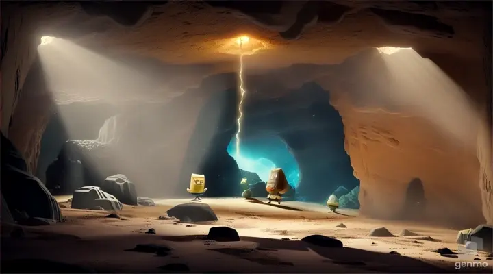 Ketika mereka berada di dalam gua, tiba-tiba terjadi gempa bumi hebat yang mengguncang dasar laut. Batu-batu besar jatuh dari langit-langit gua, menghalangi jalan mereka keluar. SpongeBob, Patrick, dan Sandy terjebak di dalam gua yang gelap dan mencekam itu. Mereka tahu bahwa mereka harus mencari jalan keluar sebelum semuanya terlambat.Dengan hati-hati, mereka berjalan melalui lorong-lorong sempit gua, mencoba untuk tidak panik meskipun suasana hati mereka dipenuhi dengan kecemasan. Namun, nasib belum berpihak pada mereka. Saat mereka mencoba melewati sebuah terowongan yang gelap, tanpa mereka sadari, mereka menabrak batu besar yang tergantung di langit-langit gua.