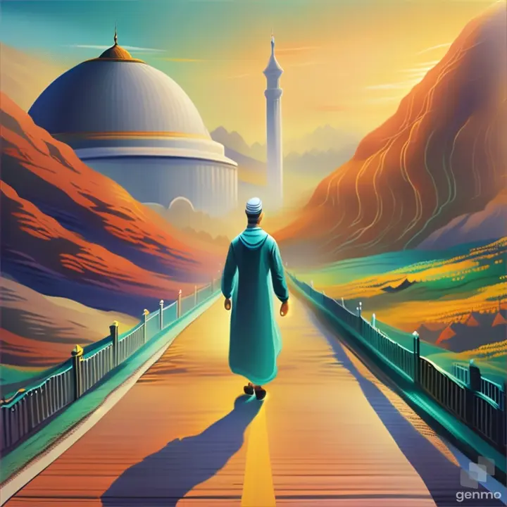 a painting of a muslim man walking down a road