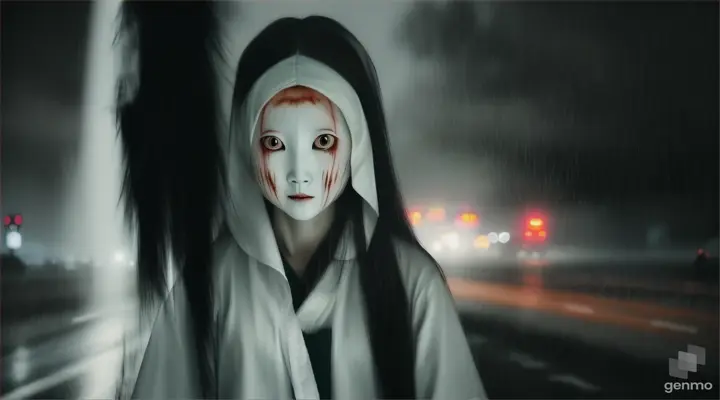 Kayako ghost from the grudge eyes wide opened, face up hands pointing, in a white dress, standing  along a highway  it is 12 in the night