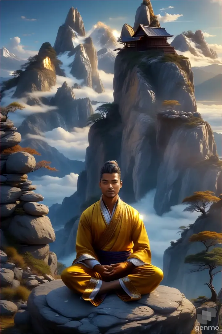 a man sitting on top of a pile of rocks,  golden light sparkles.