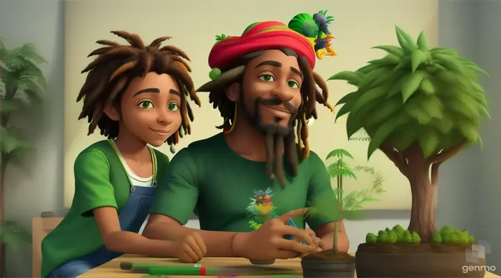 caricatura Un rastafari con una camiseta verde viendo crecer una planta de pequeña  a más grande en forma  acelerada metamorfosis creyón colores vibrantes  