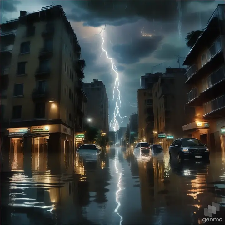 A flooded city street with lightning illuminating the water, emphasizing reflections