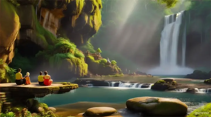a couple of people sitting in front of a buddha statue,Waterfalls flow and golden light sparkles.