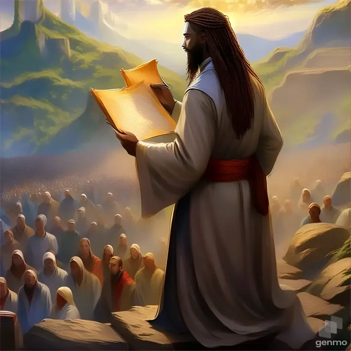 a painting of a man holding a book in front of a crowd of people