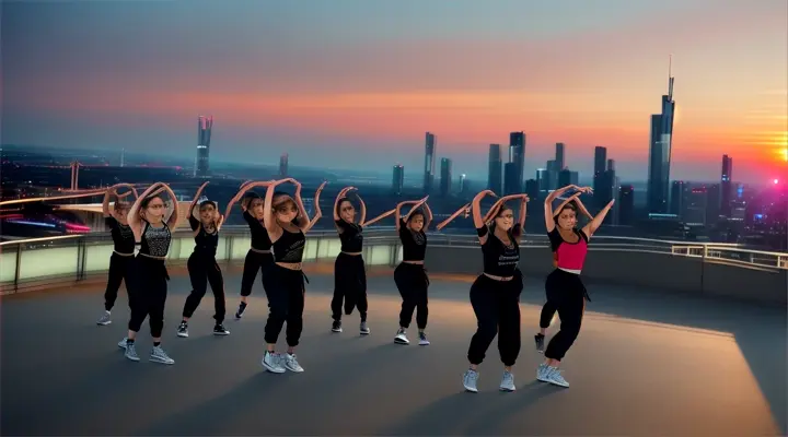 group of cool hiphop dancer in front of frankfurt skyline sunset