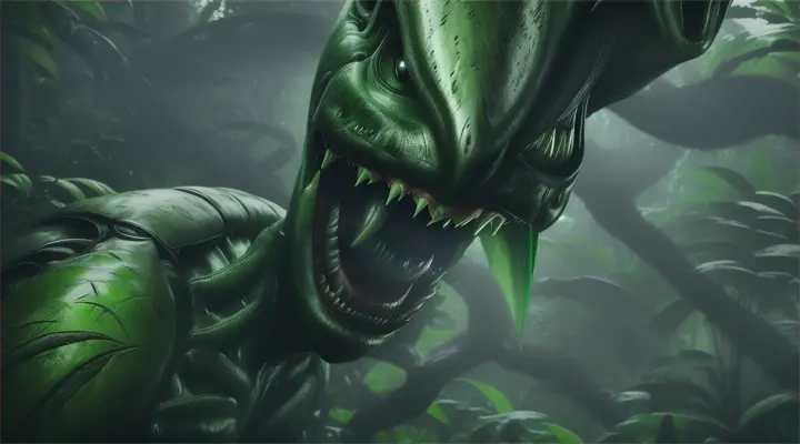 green alien with menacing teeth mouth opening running toward the viewer trying to eat the viewer in a jungle