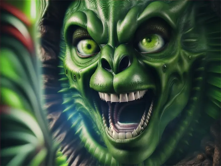 green alien with menacing teeth mouth opening running toward the viewer trying to eat the viewer in a jungle