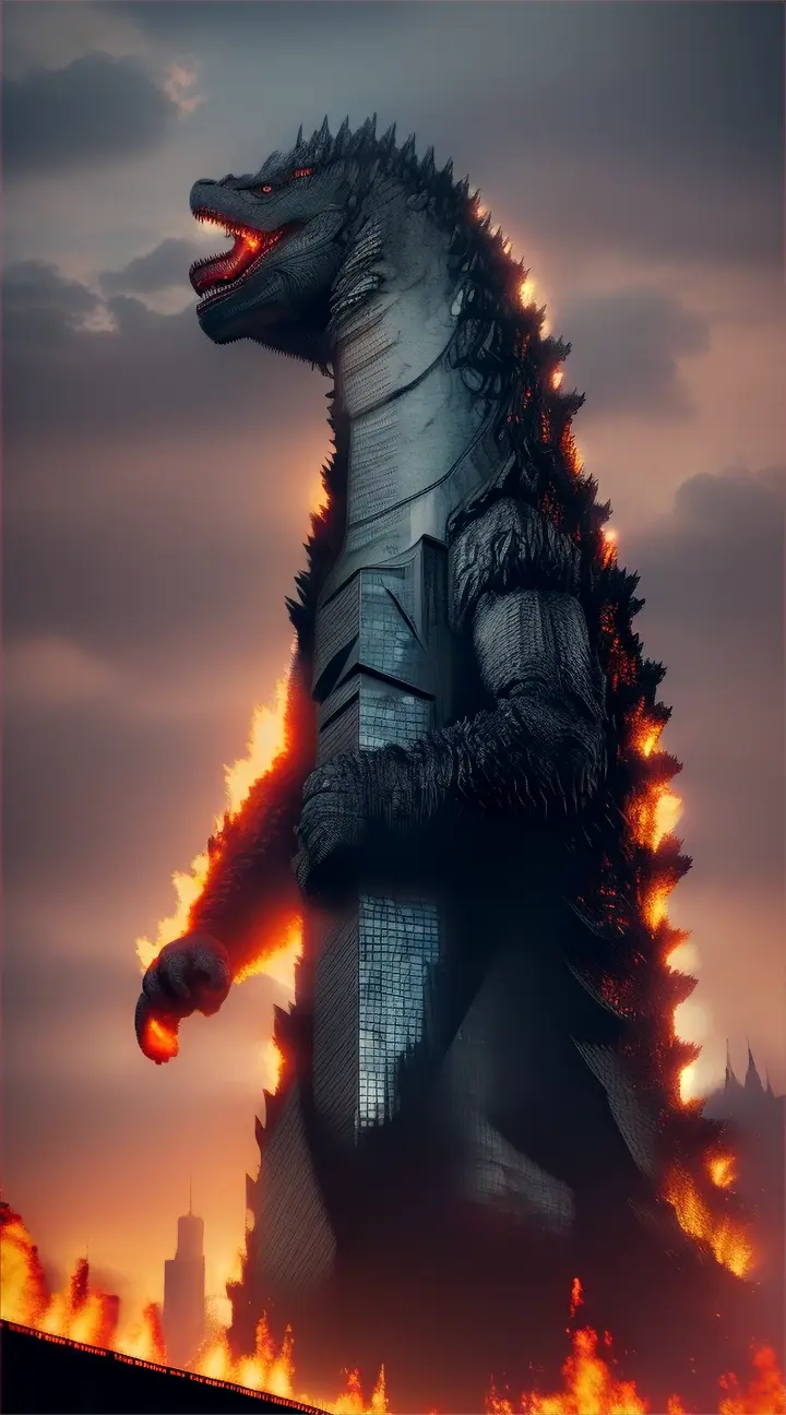 Godzilla in the burning city, closed up