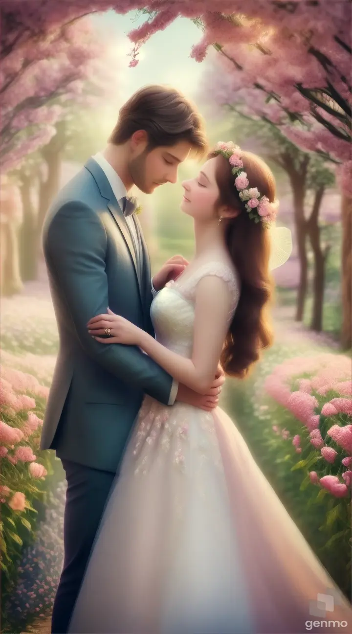 A man lovingly serenading his wife among rows of blooming flowers in an enchanted garden