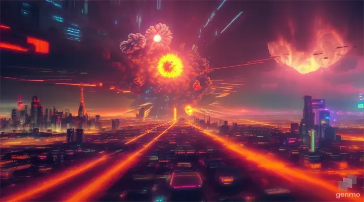 bomba atomica explotando en ciudad ciberpunk neon