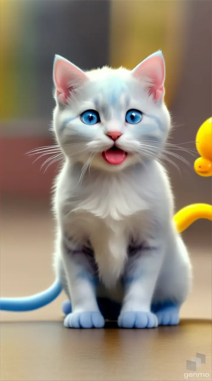 A cute tiny bluish white cat miniature size is running after a big mouse of yellow colour, funny show, perfect features, 9:16 ratio