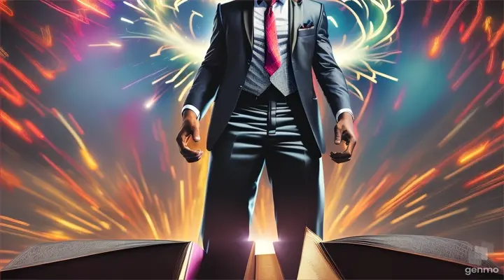 Black Man in a suit and bowtie flying standing on a book while a ufo is chasing him him, aura, power, arcane art style, 