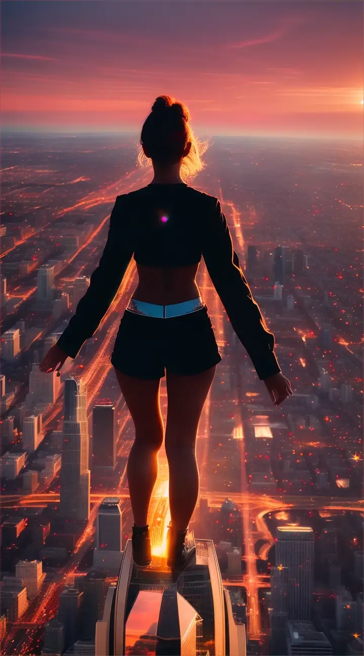 The climax of the video occurs as the woman protagonist reaches the rooftop of a towering building, her silhouette outlined against the setting sun. With a triumphant expression, she raises her arms in the air, symbolizing her ascent to "queen supreme" and her unwavering pursuit of her dreams.