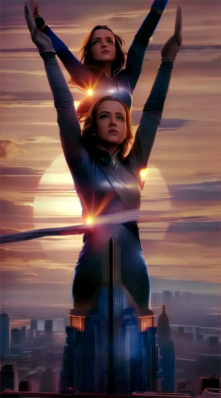 The climax of the video occurs as the woman protagonist reaches the rooftop of a towering building, her silhouette outlined against the setting sun. With a triumphant expression, she raises her arms in the air, symbolizing her ascent to "queen supreme" and her unwavering pursuit of her dreams.