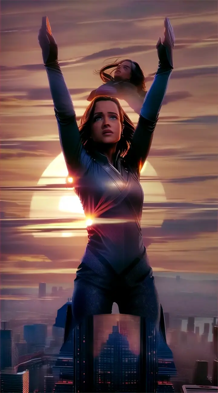 the protagonist woman climbs onto the roof of a skyscraper, with her silhouette outlined against the setting sun.  With a triumphant expression, she raises her arms in the air, symbolizing her rise to "supreme queen" and his constant pursuit of her dreams.