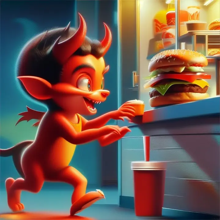 a cartoon demon is running towards a hamburger