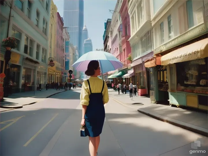 A woman walking down a colorful, pastel street in a city with tall buildings and vintage storefronts