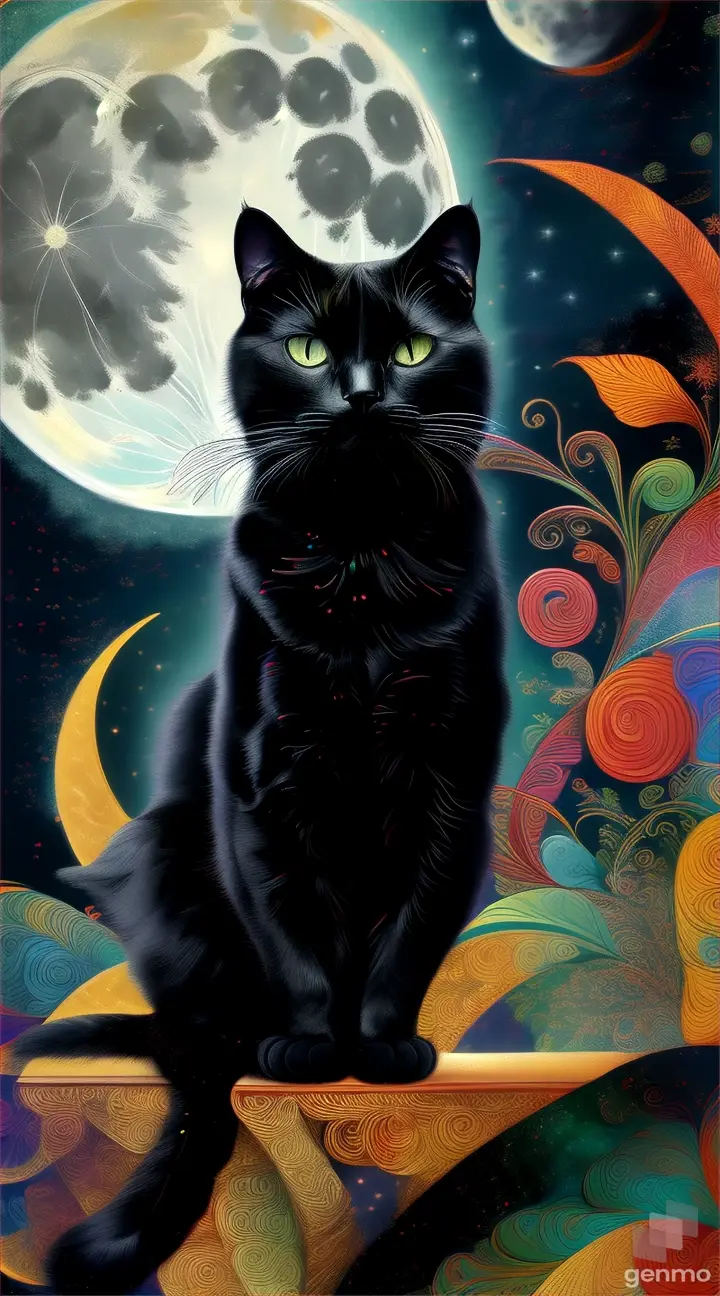 a painting of a black cat sitting in front of a full moon