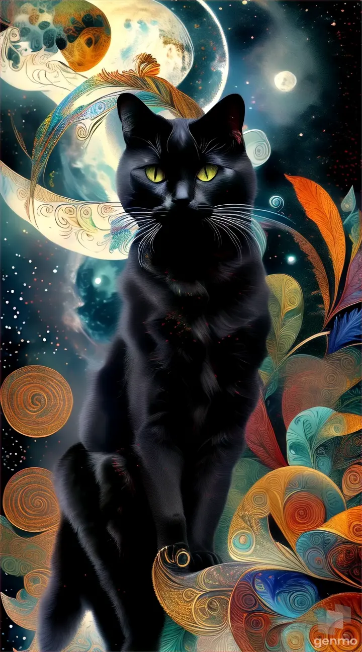 a painting of a black cat sitting in front of a full moon