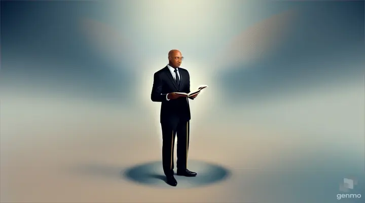 a bald black man in a suit standing on a flying open book 