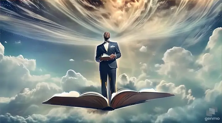 a bald black man in a suit standing on a flying open book