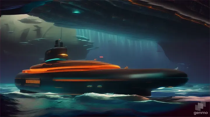 Giant luxury Submarine with windows, neon lights flashing out at a massive whale