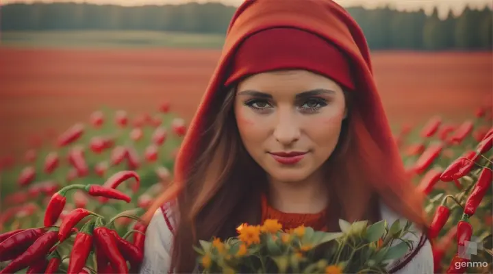 Seorang Wanita bule cantik memakai jilbab merah sedang menggenggam cabai rawit merah ditengah kebun cabai 