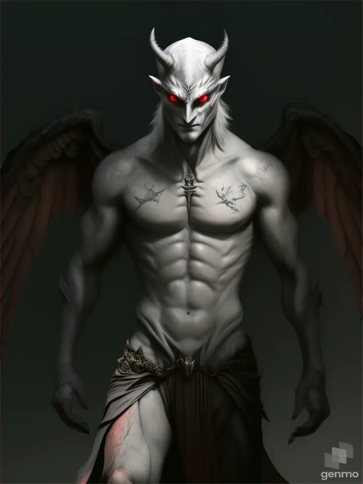 a demon with wings on his back facing the camera