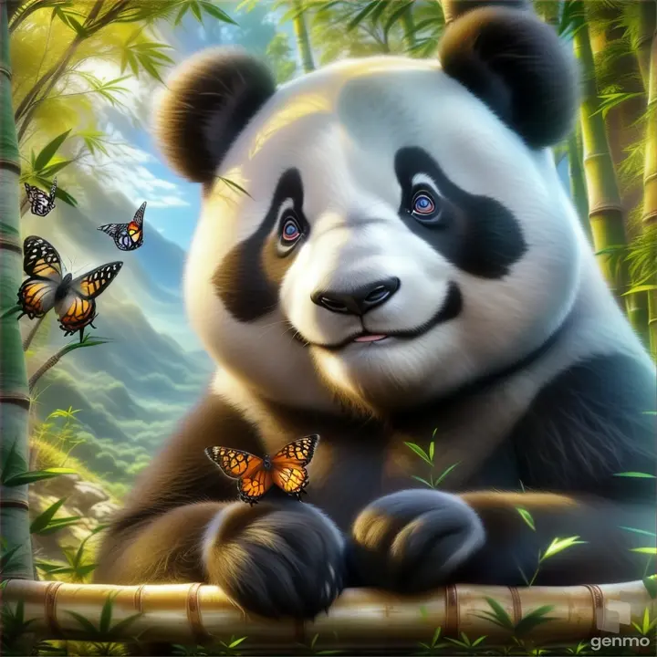 a panda bear with a butterfly sitting on a bamboo tree